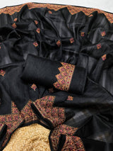 Elegant Black Embroidery Work Tussar Silk Saree With Gorgeous Blouse Piece