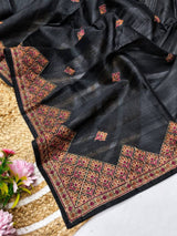 Elegant Black Embroidery Work Tussar Silk Saree With Gorgeous Blouse Piece