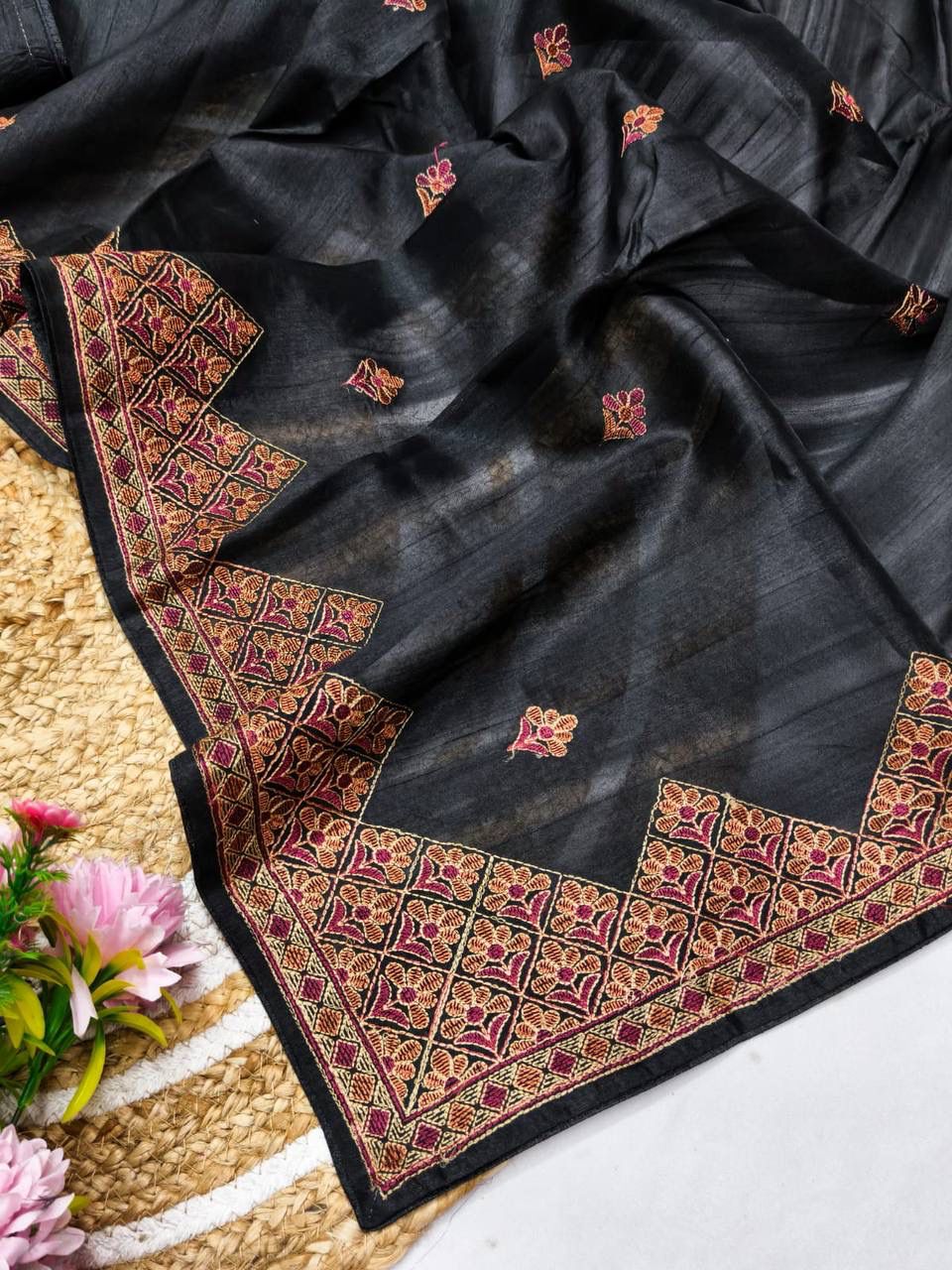 Elegant Black Embroidery Work Tussar Silk Saree With Gorgeous Blouse Piece