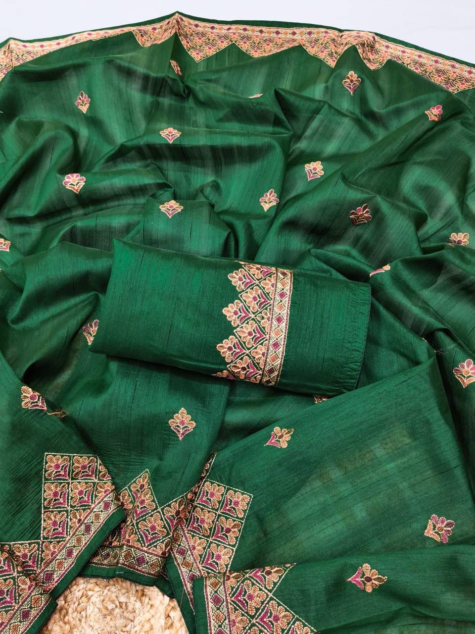Adorable Dark Green Embroidery Work Tussar Silk Saree With Glittering Blouse Piece