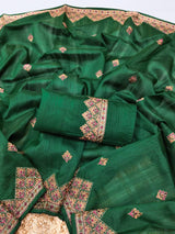 Adorable Dark Green Embroidery Work Tussar Silk Saree With Glittering Blouse Piece
