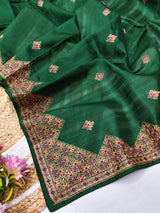 Adorable Dark Green Embroidery Work Tussar Silk Saree With Glittering Blouse Piece