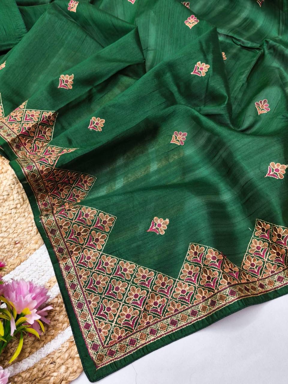 Adorable Dark Green Embroidery Work Tussar Silk Saree With Glittering Blouse Piece
