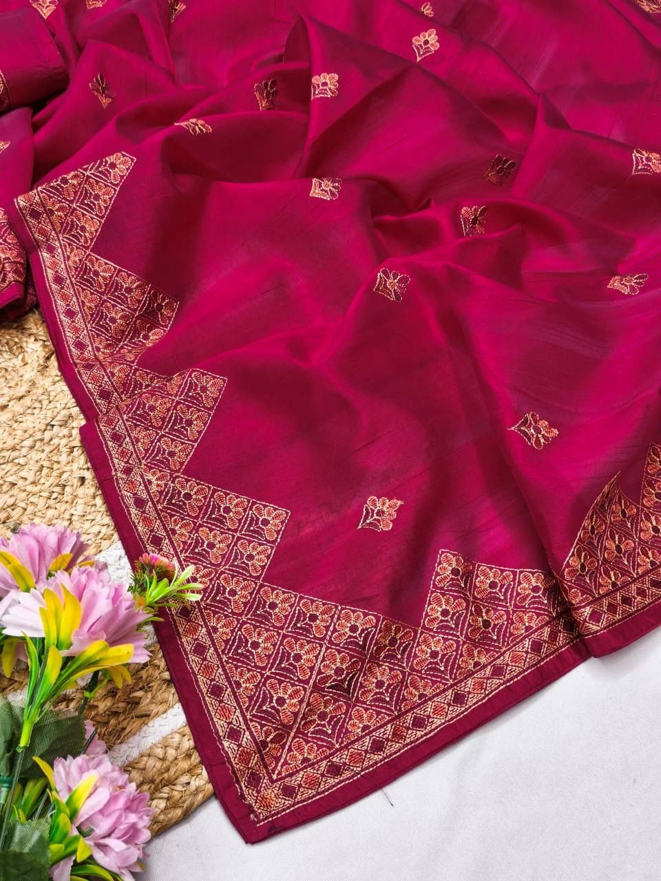 Verdant Dark Pink Embroidery Work Tussar Silk Saree With Seraphic Blouse Piece