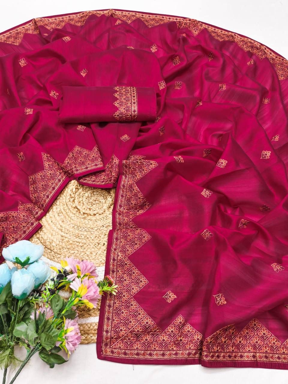 Verdant Dark Pink Embroidery Work Tussar Silk Saree With Seraphic Blouse Piece