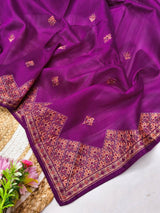 Prettiest Purple Embroidery Work Tussar Silk Saree With Lovely Blouse Piece