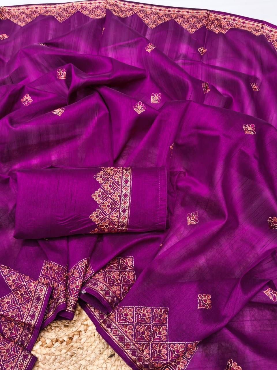 Prettiest Purple Embroidery Work Tussar Silk Saree With Lovely Blouse Piece