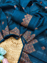 Luminous Teal Blue Embroidery Work Tussar Silk Saree With Stunner Blouse Piece