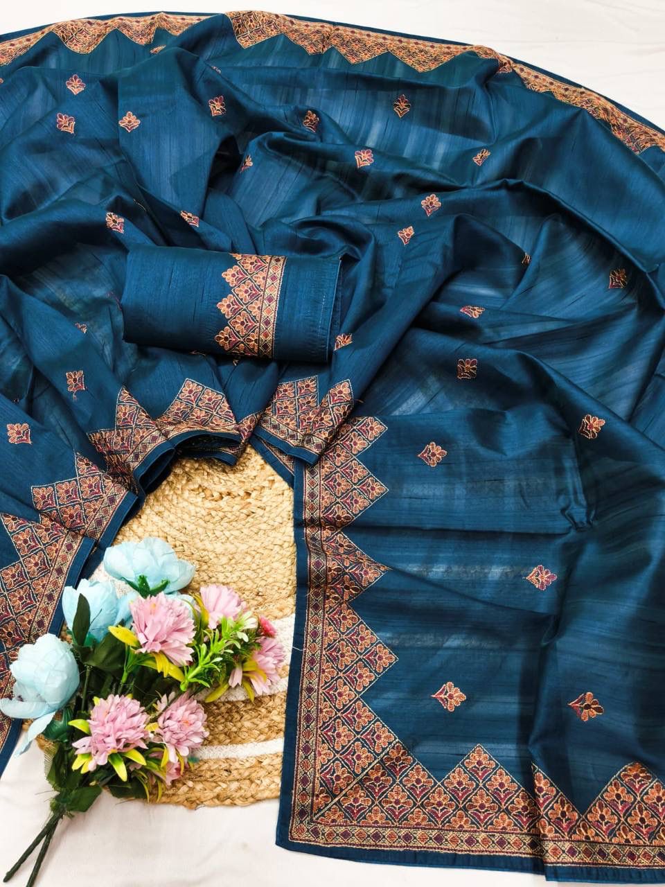 Luminous Teal Blue Embroidery Work Tussar Silk Saree With Stunner Blouse Piece