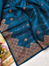 Luminous Teal Blue Embroidery Work Tussar Silk Saree With Stunner Blouse Piece