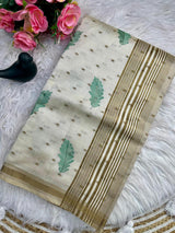 Innovative Off White Embroidery Work Tussar Silk Saree With Amazing Blouse Piece