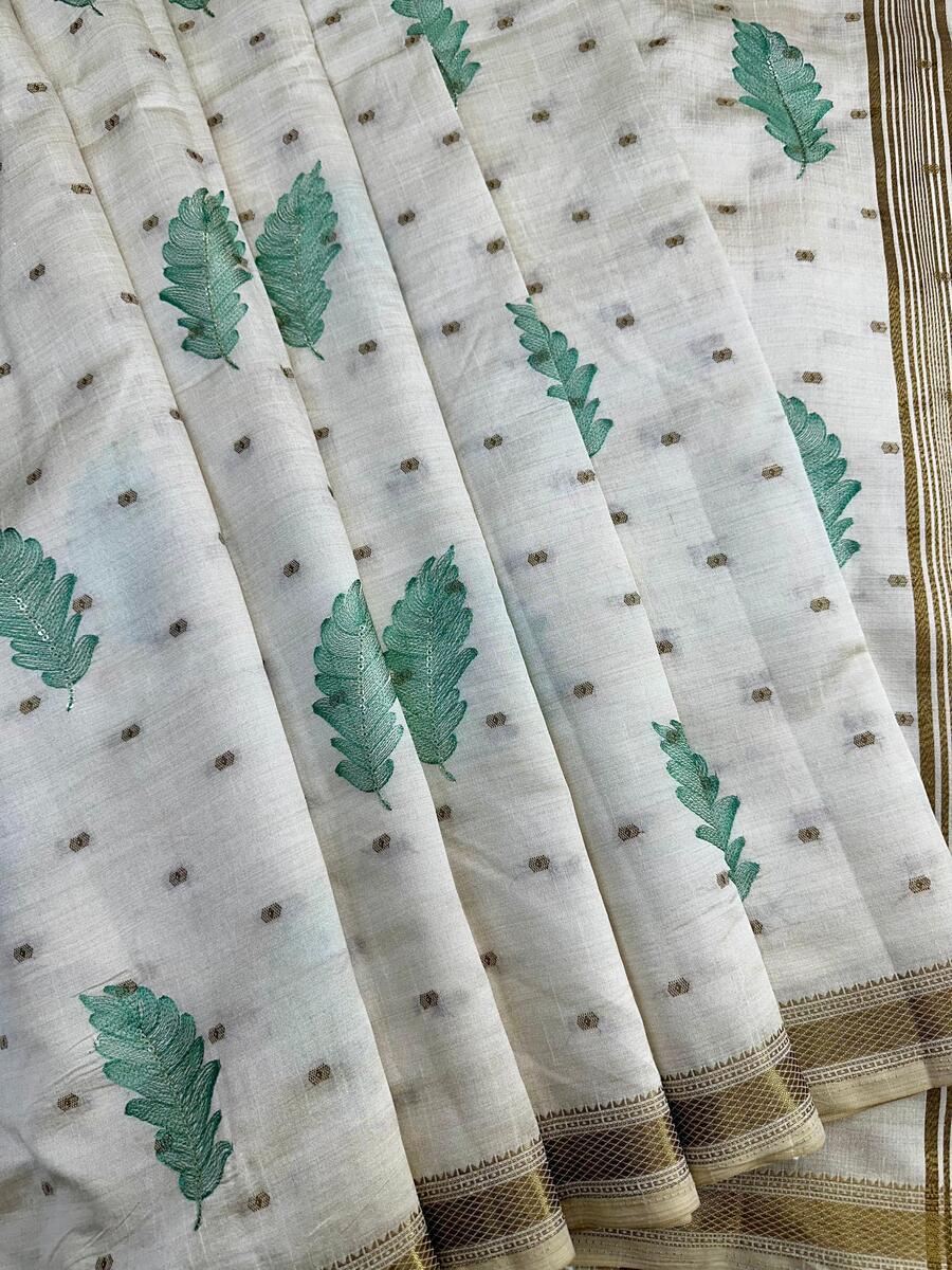 Innovative Off White Embroidery Work Tussar Silk Saree With Amazing Blouse Piece