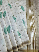 Innovative Off White Embroidery Work Tussar Silk Saree With Amazing Blouse Piece