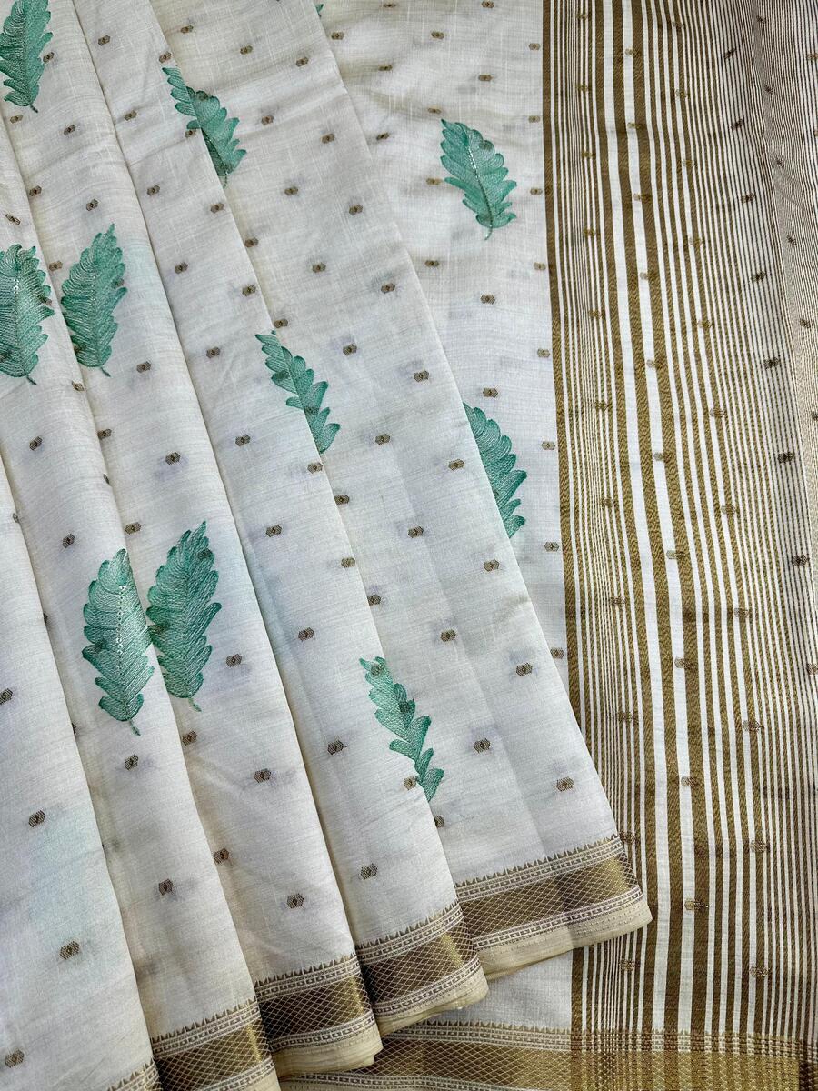Innovative Off White Embroidery Work Tussar Silk Saree With Amazing Blouse Piece
