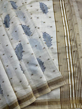 Whimsical Off White Embroidery Work Tussar Silk Saree With Blissful Blouse Piece