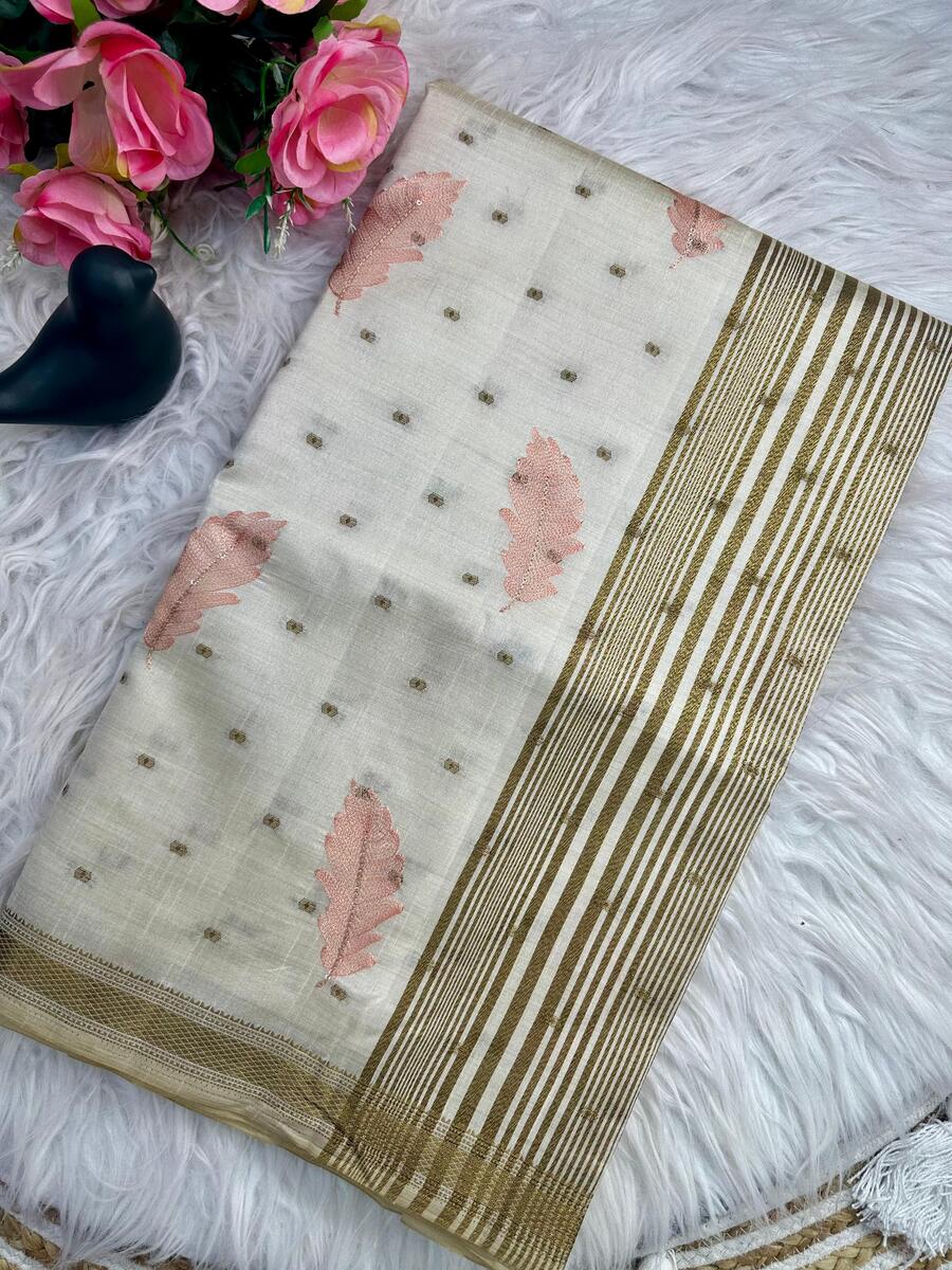 Murmurous Off White Embroidery Work Tussar Silk Saree With Enthralling Blouse Piece