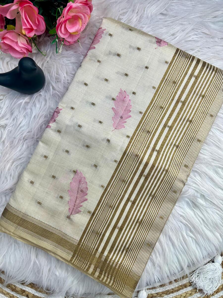 Resplendent Off White Embroidery Work Tussar Silk Saree With Alluring Blouse Piece