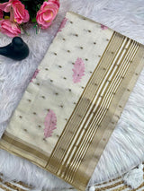 Resplendent Off White Embroidery Work Tussar Silk Saree With Alluring Blouse Piece