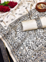 Enigmatic Off White Embroidery Work Tussar Silk Saree With Lagniappe Blouse Piece