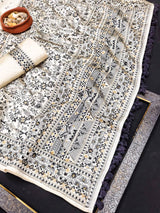 Enigmatic Off White Embroidery Work Tussar Silk Saree With Lagniappe Blouse Piece