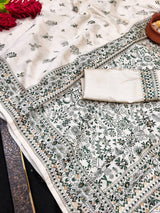 Sizzling Off White Embroidery Work Tussar Silk Saree With Enamoring Blouse Piece