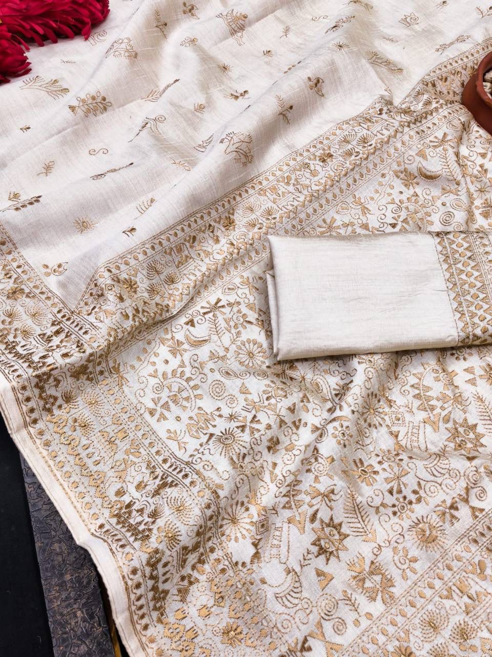 Ethnic Off White Embroidery Work Tussar Silk Saree With Pleasant Blouse Piece