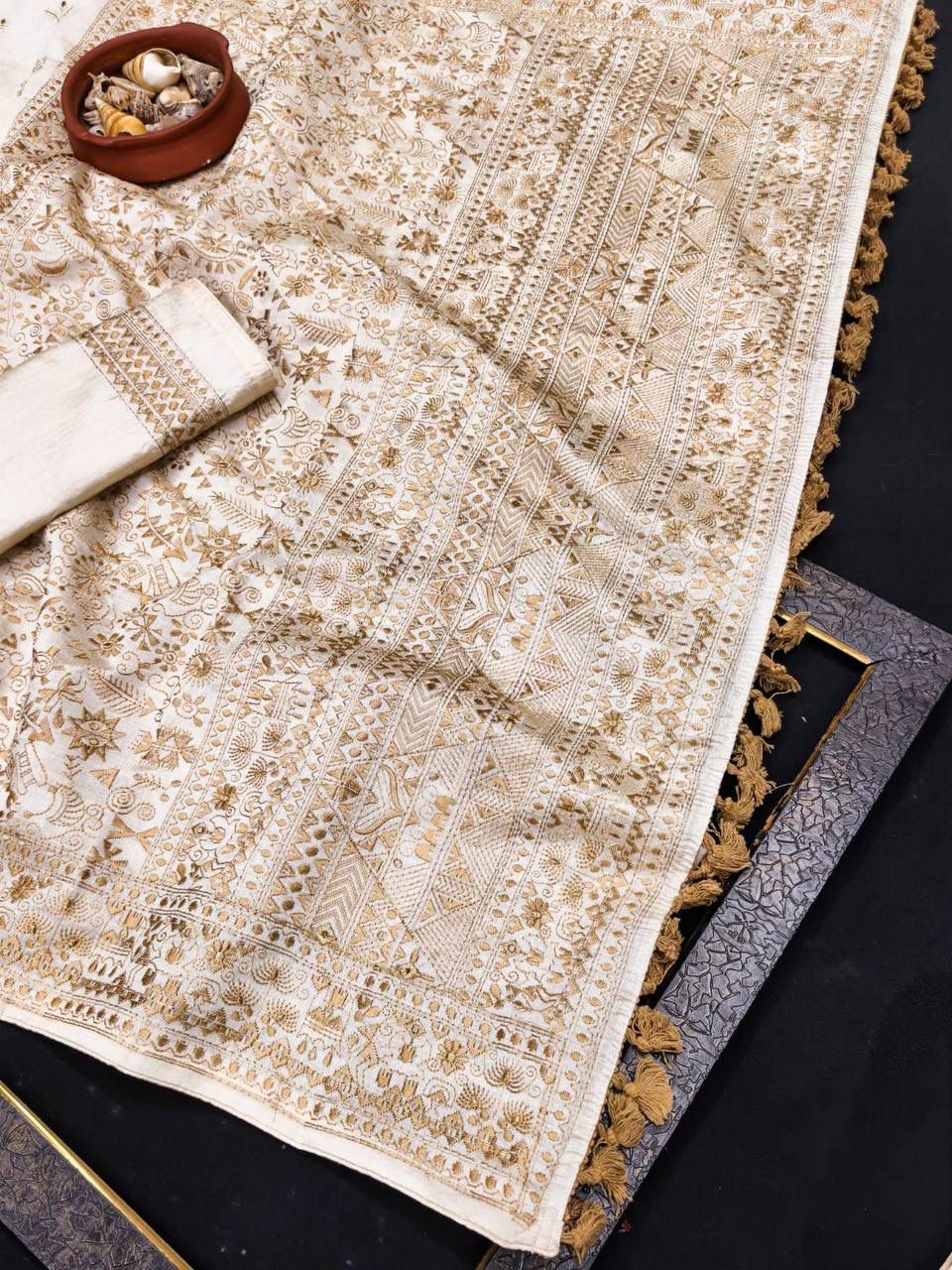 Ethnic Off White Embroidery Work Tussar Silk Saree With Pleasant Blouse Piece