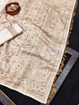 Ethnic Off White Embroidery Work Tussar Silk Saree With Pleasant Blouse Piece