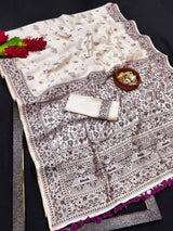 Unique Off White Embroidery Work Tussar Silk Saree With Susurrous Blouse Piece