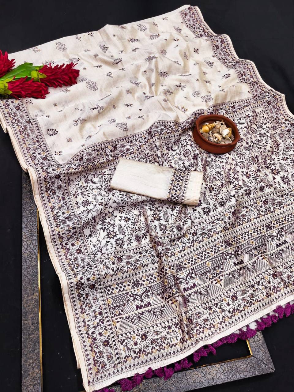 Unique Off White Embroidery Work Tussar Silk Saree With Susurrous Blouse Piece