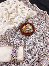 Unique Off White Embroidery Work Tussar Silk Saree With Susurrous Blouse Piece
