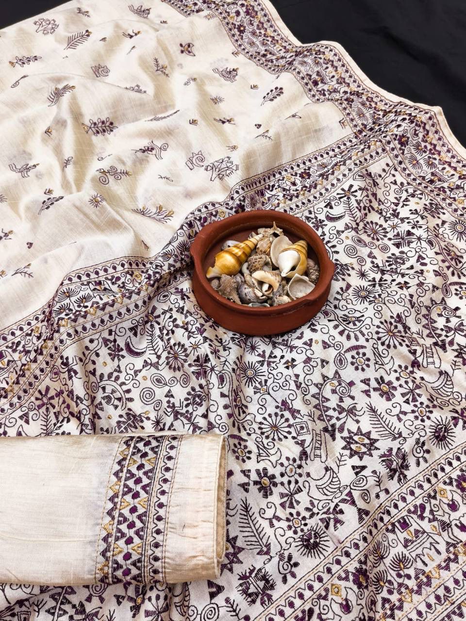 Unique Off White Embroidery Work Tussar Silk Saree With Susurrous Blouse Piece