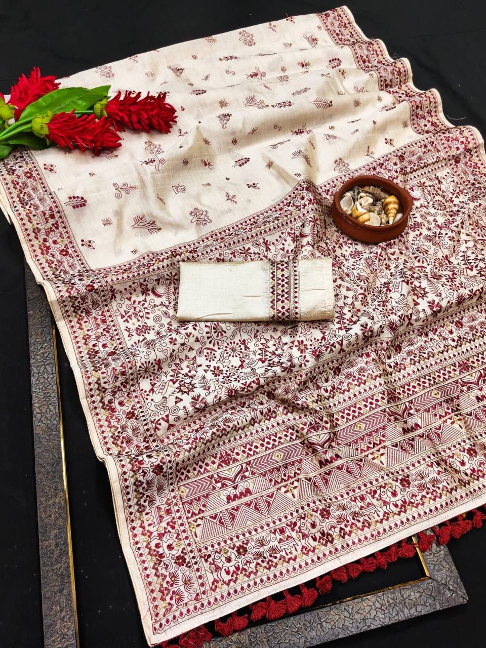 Forbearance Off White Embroidery Work Tussar Silk Saree With Dalliance Blouse Piece