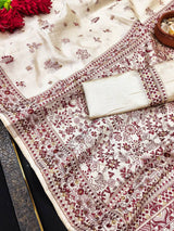 Forbearance Off White Embroidery Work Tussar Silk Saree With Dalliance Blouse Piece