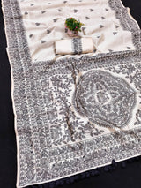 Jazzy Off White Embroidery Work Tussar Silk Saree With Sempiternal Blouse Piece