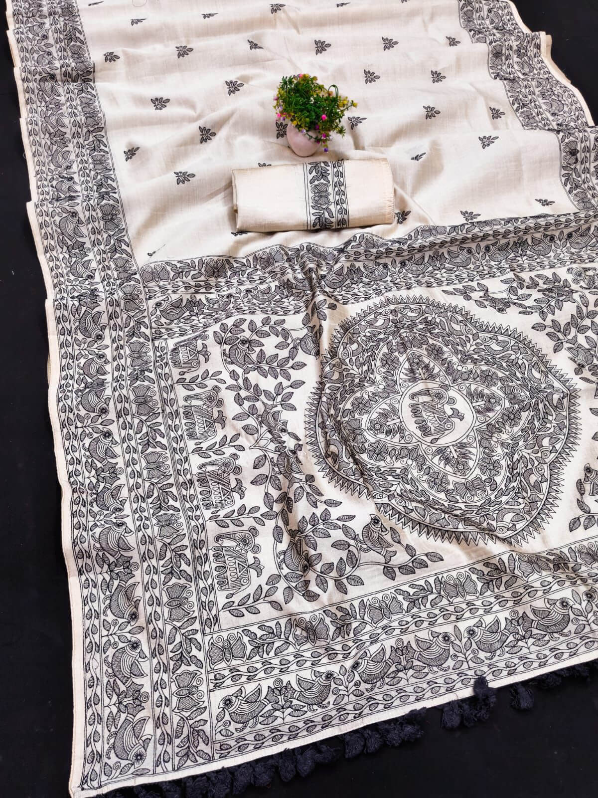 Jazzy Off White Embroidery Work Tussar Silk Saree With Sempiternal Blouse Piece