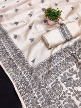 Jazzy Off White Embroidery Work Tussar Silk Saree With Sempiternal Blouse Piece