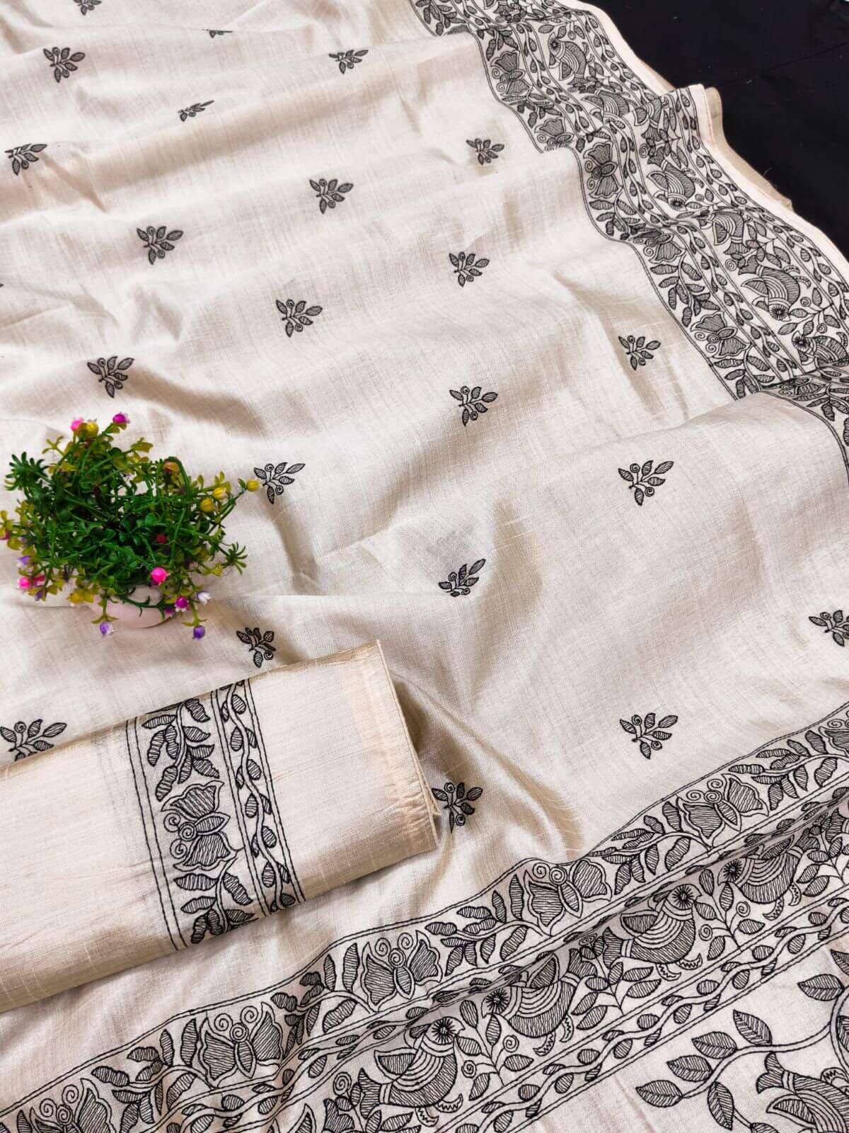 Jazzy Off White Embroidery Work Tussar Silk Saree With Sempiternal Blouse Piece