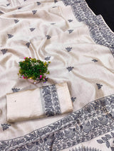 Allure Off White Embroidery Work Tussar Silk Saree With Dissemble Blouse Piece