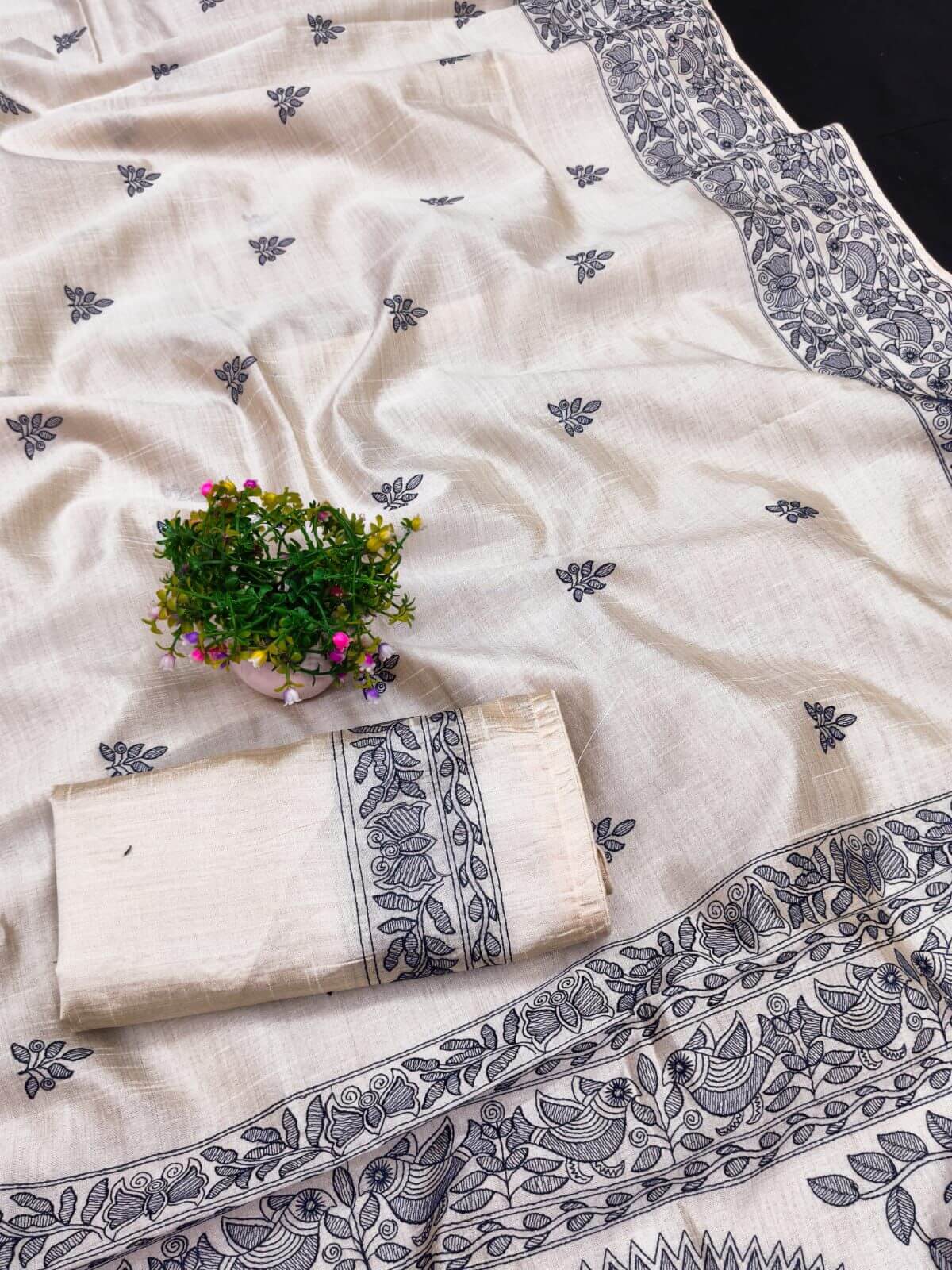 Allure Off White Embroidery Work Tussar Silk Saree With Dissemble Blouse Piece