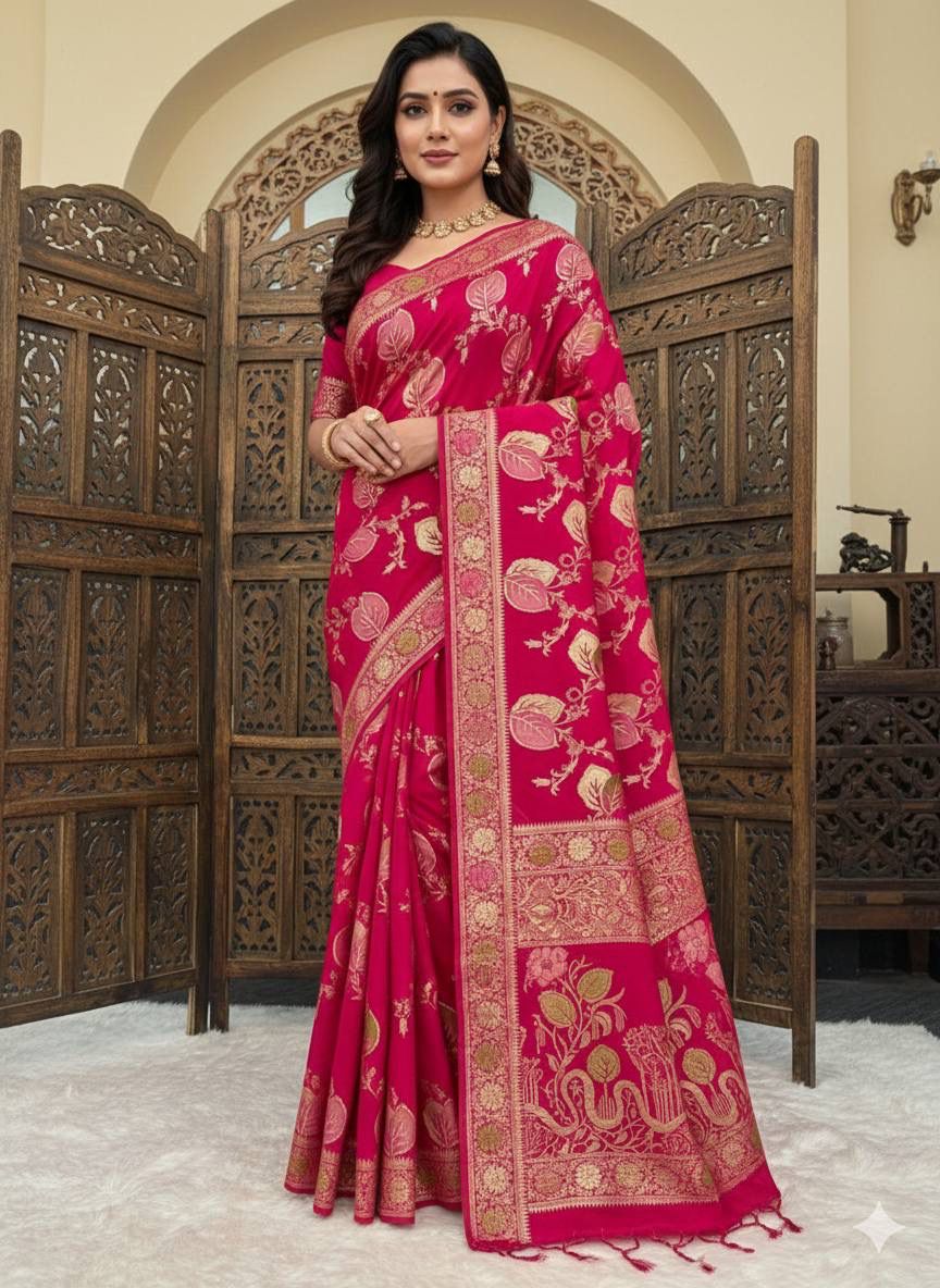 Gratifying Dark Pink Banarasi Dola Silk Saree With Flattering Blouse Piece