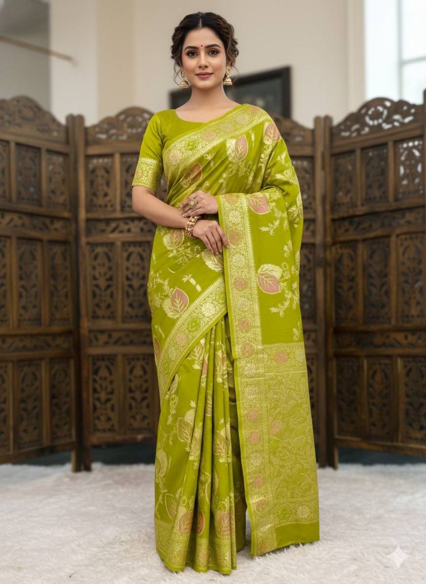 Preferable Green Banarasi Dola Silk Saree With Traditional Blouse Piece