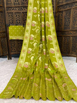 Preferable Green Banarasi Dola Silk Saree With Traditional Blouse Piece