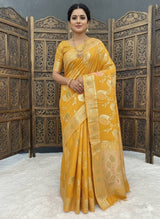 Evocative Mustard Banarasi Dola Silk Saree With Ethereal Blouse Piece