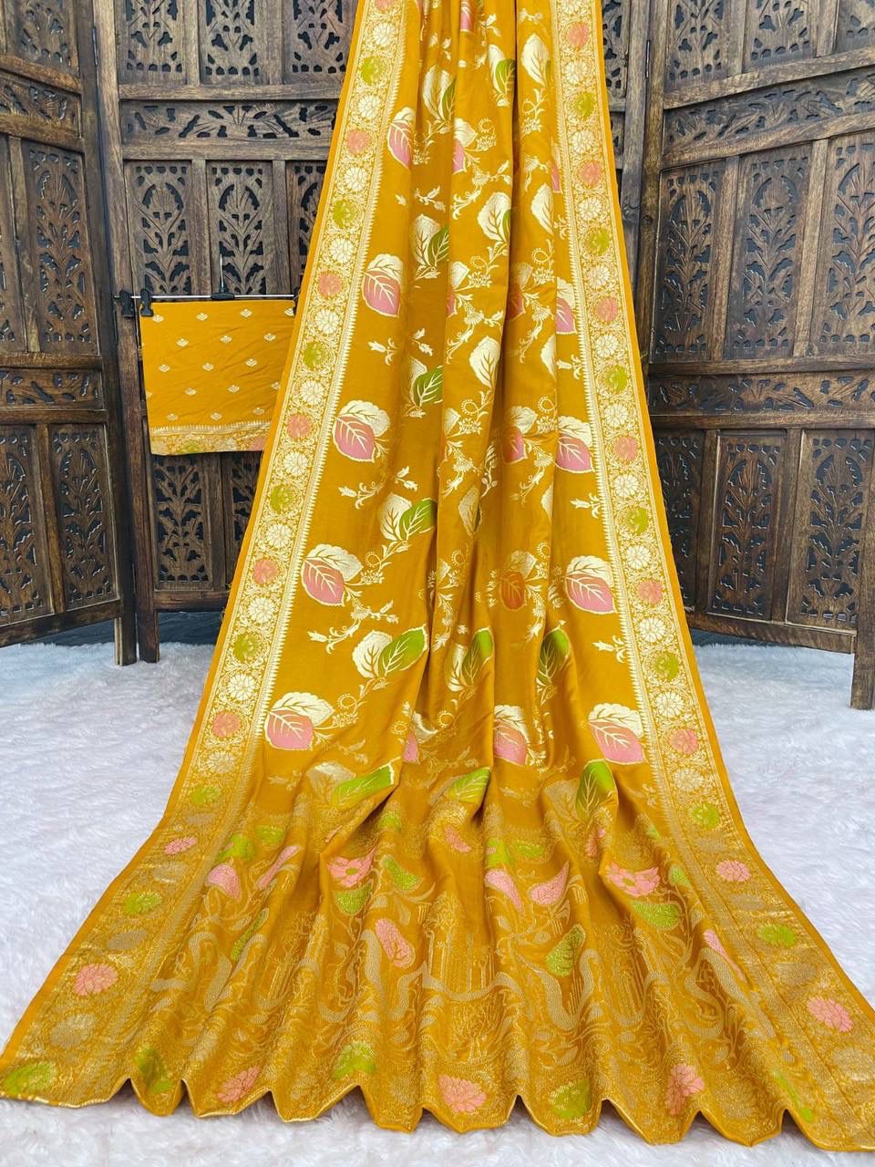Evocative Mustard Banarasi Dola Silk Saree With Ethereal Blouse Piece