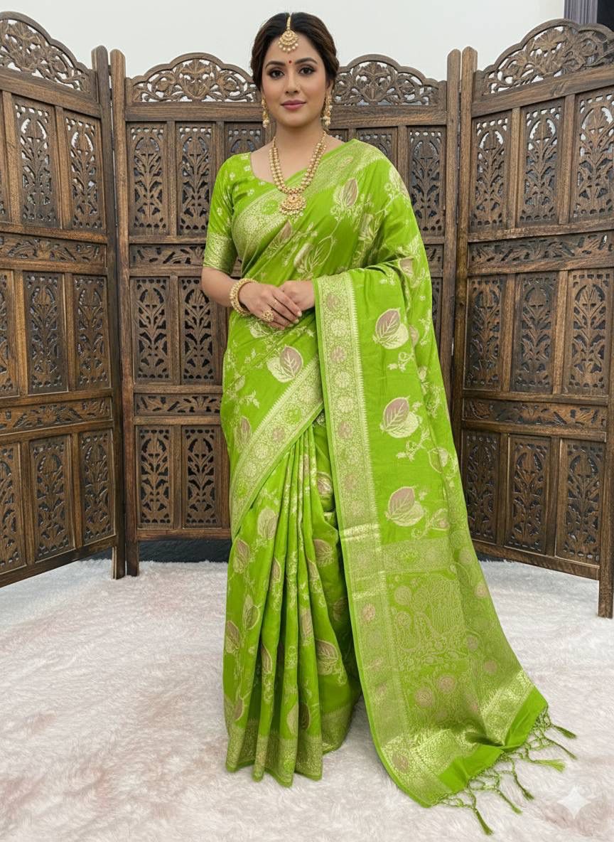 Divine Parrot Banarasi Dola Silk Saree With Dulcet Blouse Piece