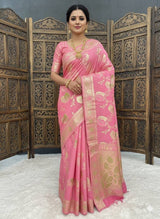 Mesmerising Pink Banarasi Dola Silk Saree With Flaunt Blouse Piece