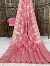 Mesmerising Pink Banarasi Dola Silk Saree With Flaunt Blouse Piece