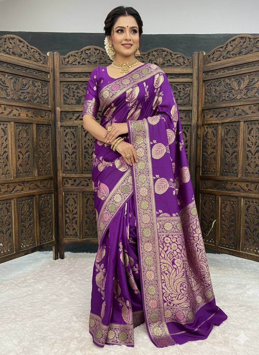 Proficient Purple Banarasi Dola Silk Saree With Elaborate Blouse Piece