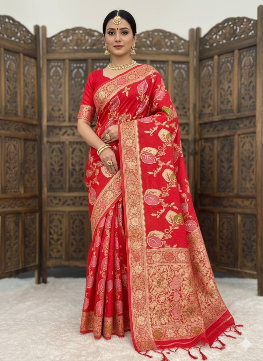 Resplendent Red Banarasi Dola Silk Saree With Exquisite Blouse Piece